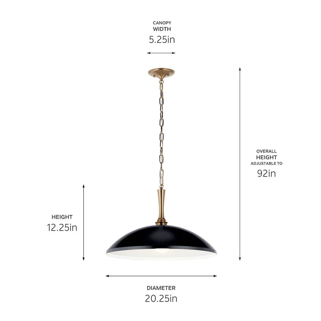 The Delarosa 20 Inch 1 Light Pendant in Black and Champagne Bronze on a white background with dimensions