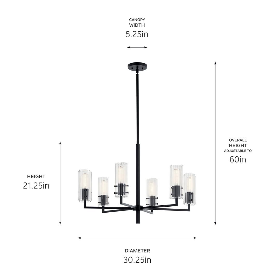 The Velestino 30.25" 6-Light Chandelier in Black with dimensions on a white background