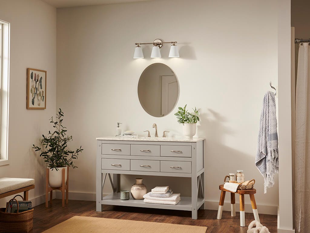 Day time bathroom with Vinoy 24.5 Inch 3-Light Vanity Light with High-Gloss White Metal Shades in Polished Nickel