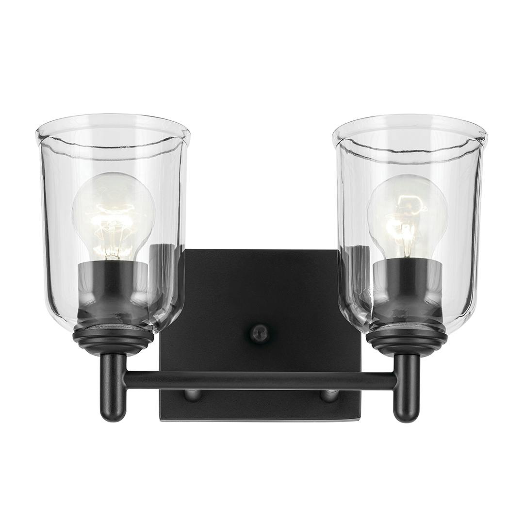 Front view of the Shailene 12.5" 2-Light Vanity Light with Clear Glass in Black on a white background