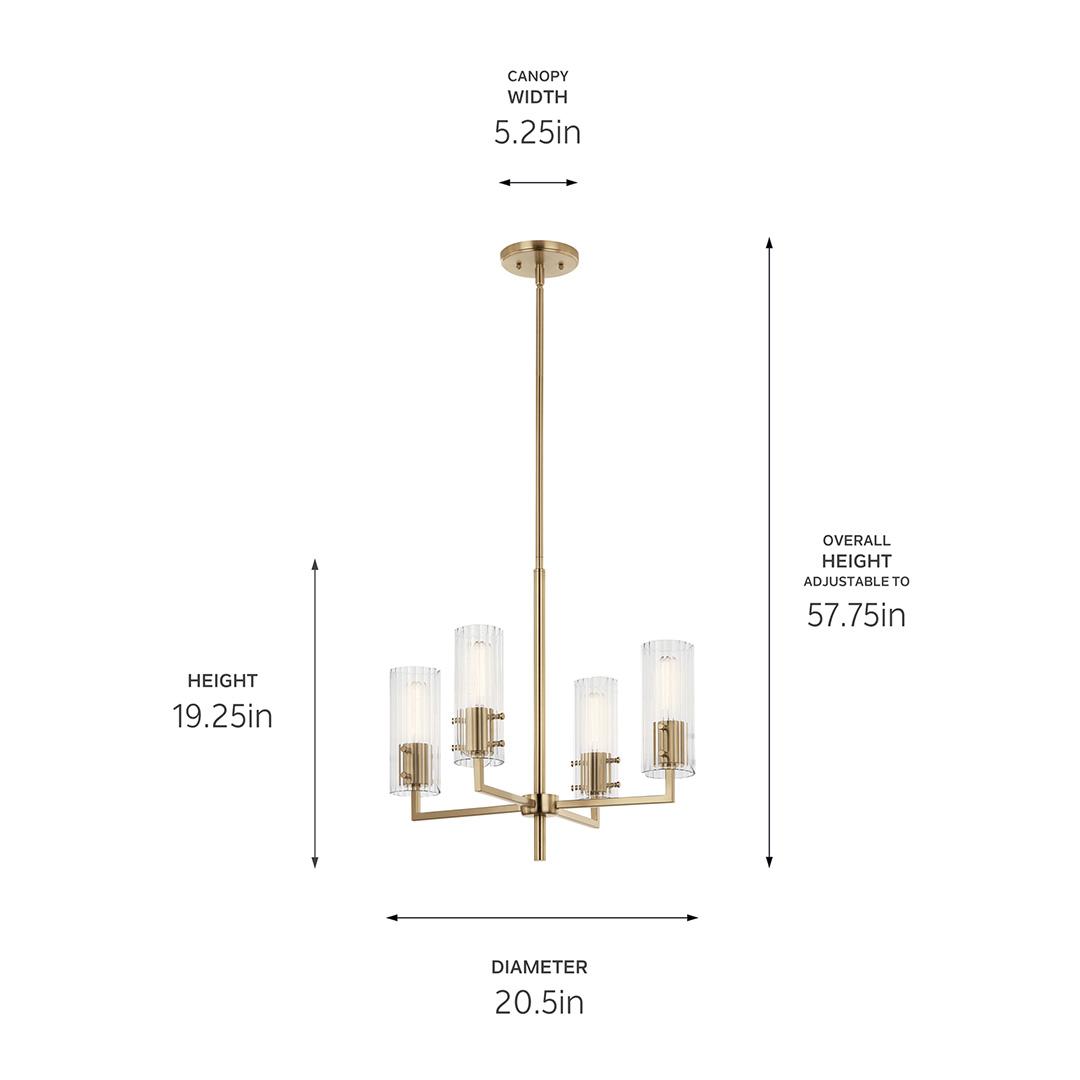 The Velestino 20.5" 4-Light Chandelier in Champagne Bronze with dimensions on a white background