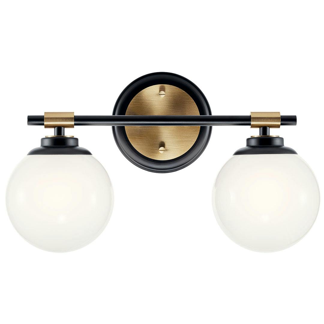 The Benno 14.75 Inch 2 Light Vanity Light with Opal Glass in Black and Champagne Bronze mounted down on a white background