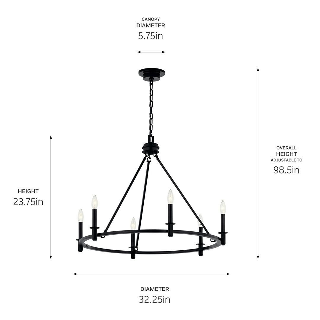 The Carrick 32.25 Inch 6 Light Chandelier in Black with dimensions on a white background