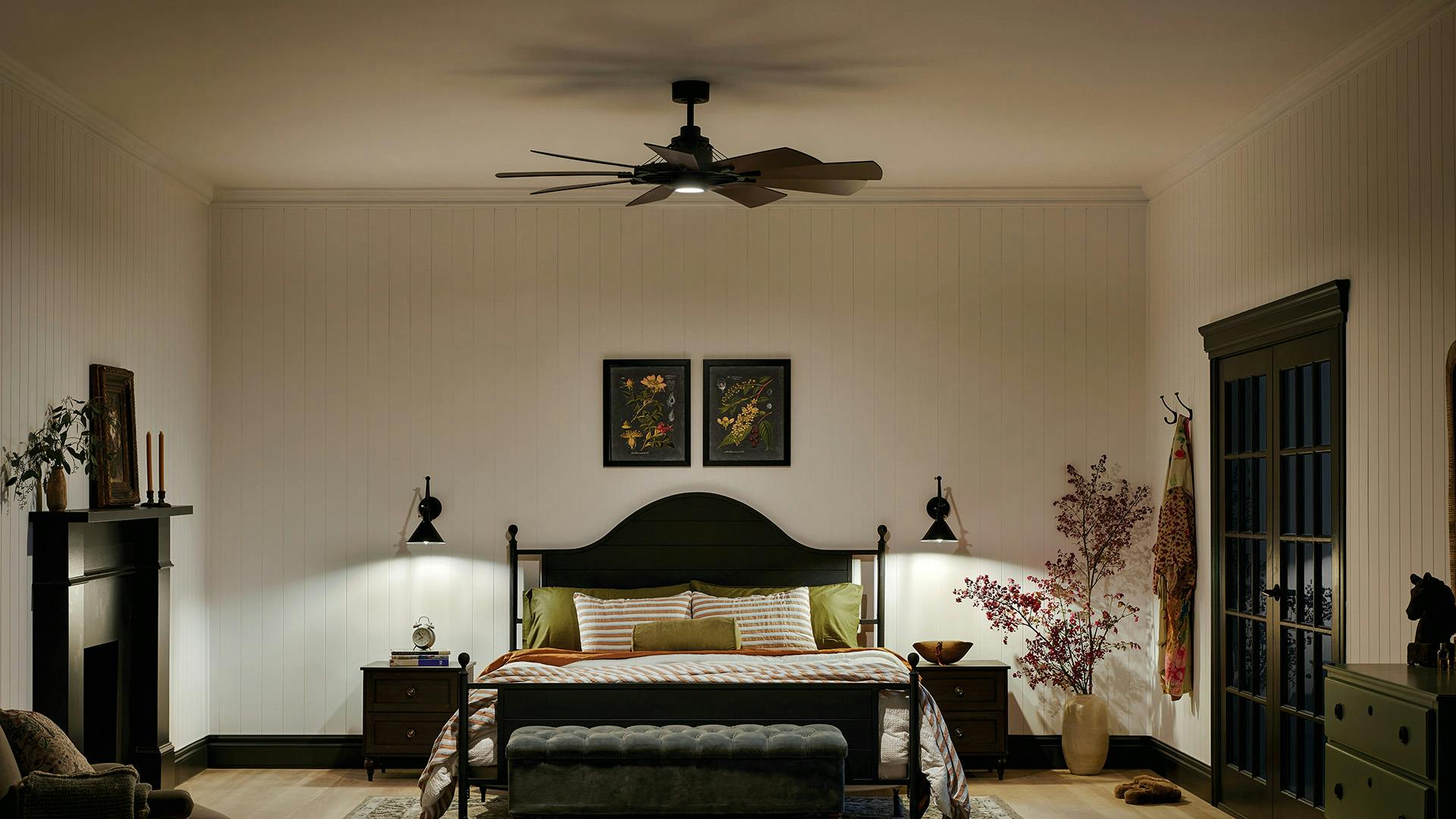 Bedroom at night with Gentry fan and Ellerbeck night stand sconces 
