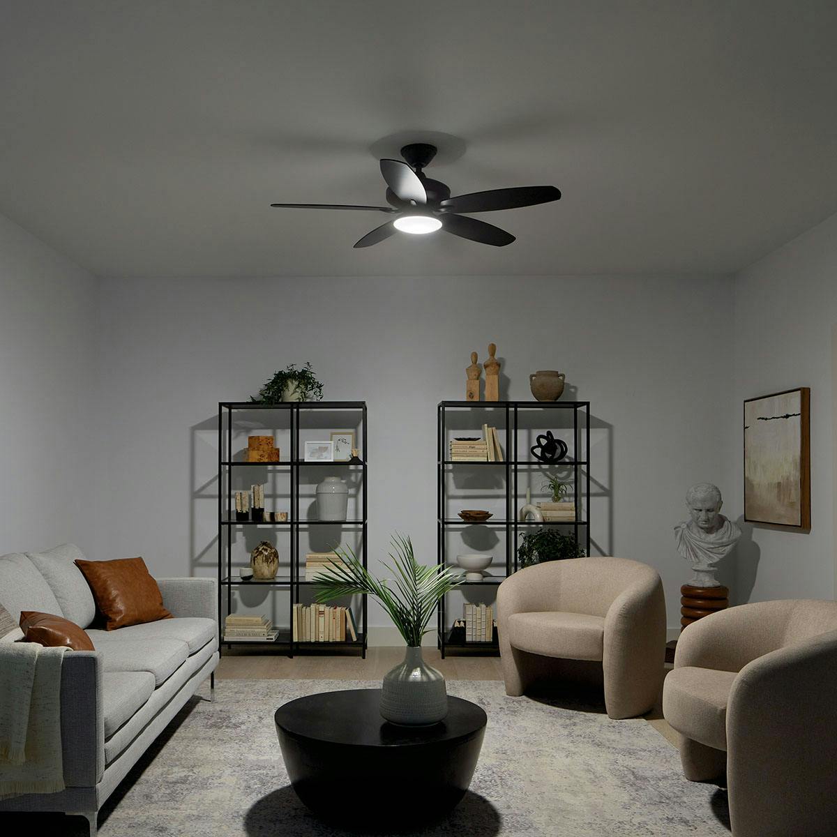 Night time living room featuring Renew ceiling fan 330163SBK
