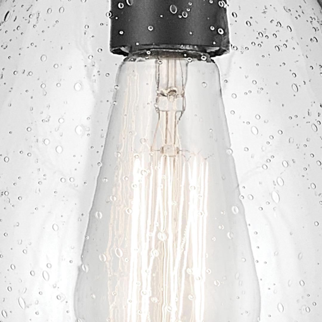 Close up view of the Everly 13.75" 1-Light Bell Pendant with Clear Seeded Glass in Black on a white background