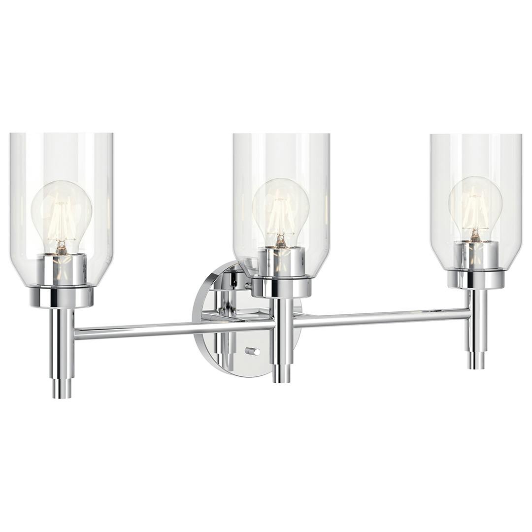 The Madden 24 Inch 3 Light Vanity with Clear Glass in Chrome on a white background