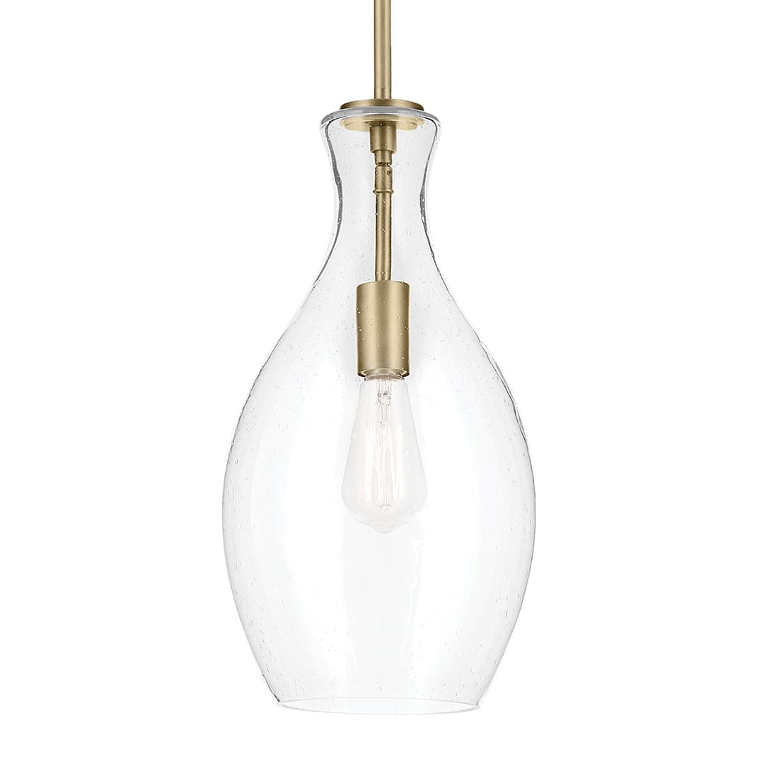 The Everly 17.75" 1-Light Bell Pendant with Clear Seeded Glass in Brushed Natural Brass on a white background