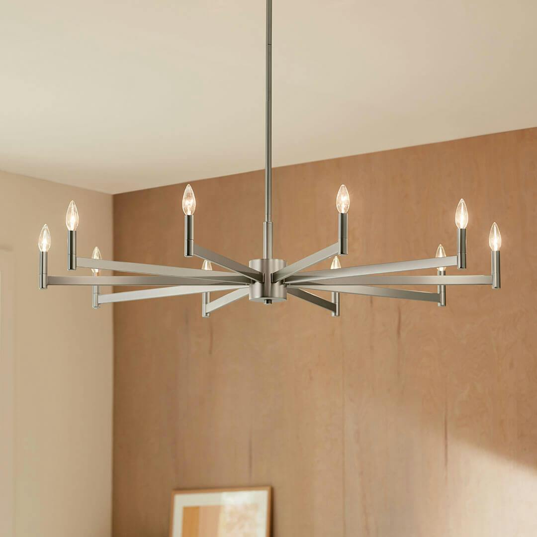 Den in the day light with the Erzo 48" 10 Light Chandelier in Satin Nickel