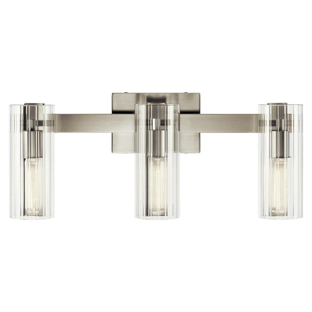 The Jemsa 22.75 Inch 3 Light Vanity Light in Brushed Nickel mounted down on a white background