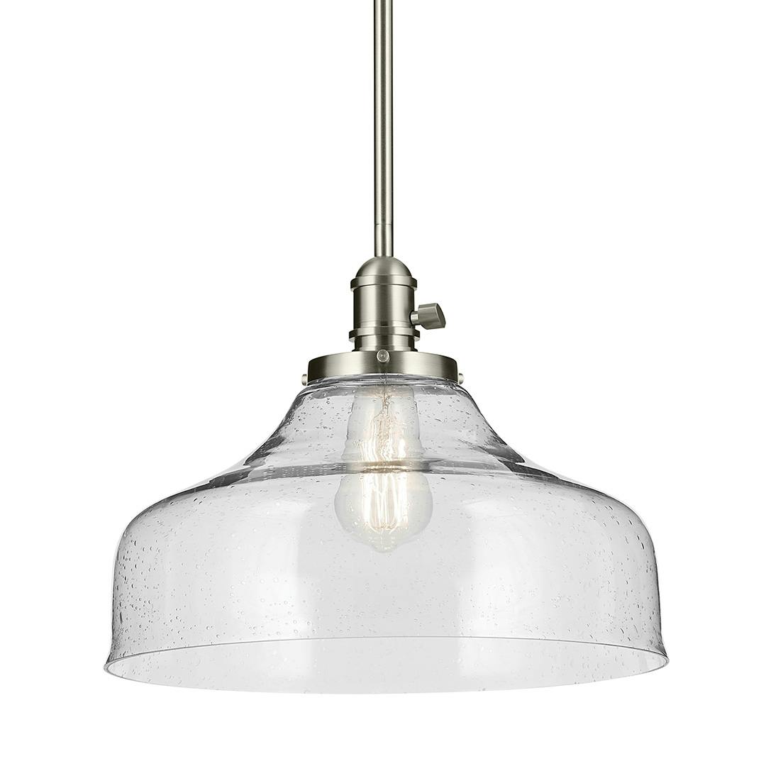 The Avery 11.25" 1-Light Bell Pendant with Clear Seeded Glass in Nickel on a white background