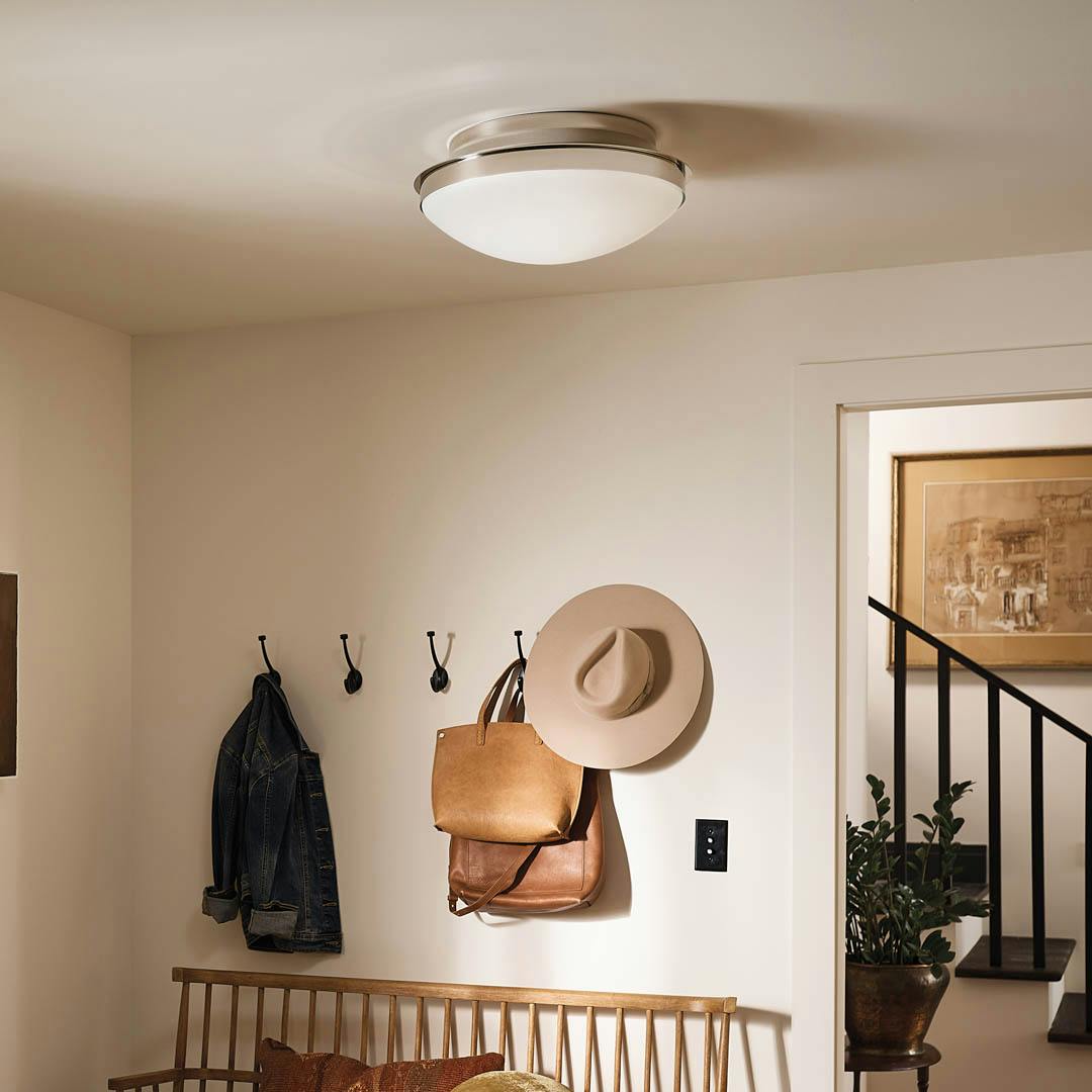 Day time entryway with Bretta 17.75" 3 Light Flush Mount Polished Nickel 