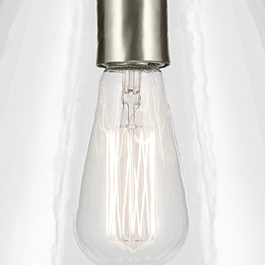 Close up view of the Everly 15.5" 1-Light Cone Pendant with Clear Glass in Brushed Nickel on a white background