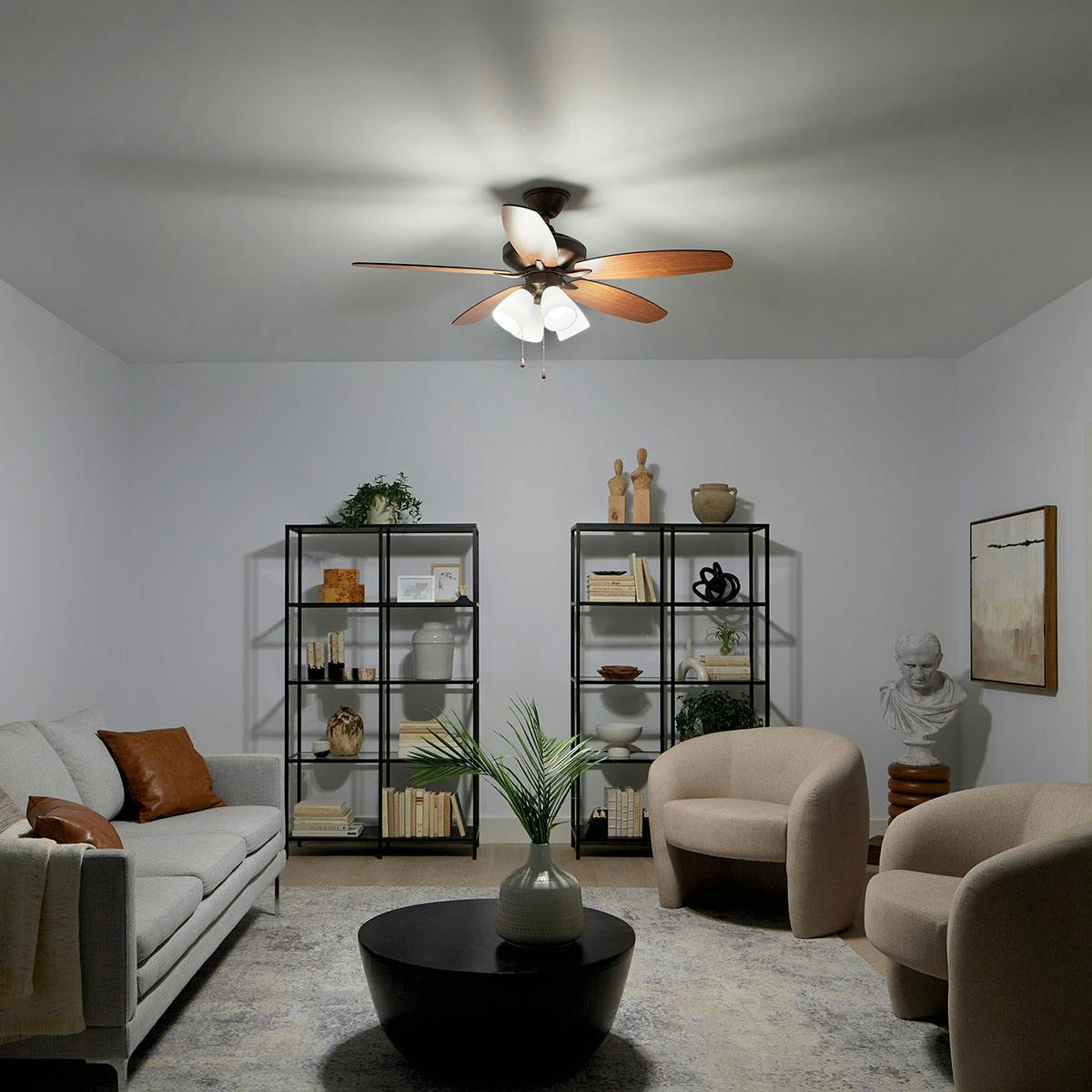 Night time living room featuring Renew ceiling fan 330162OBB