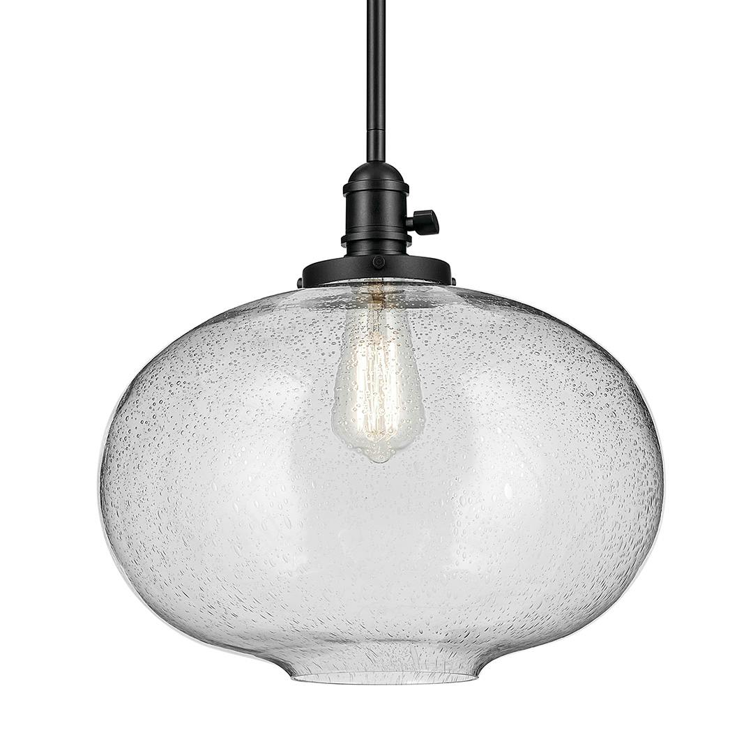 The Avery 14" 1-Light  Globe Pendant with Clear Seeded Glass in Black on a white background