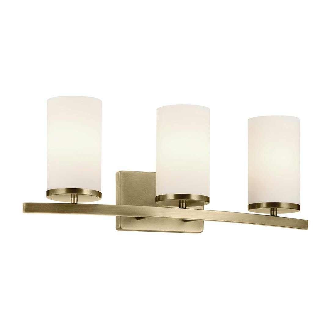 The Crosby 23" 3-Light Vanity Light with Satin Etched Cased Opal Glass in Natural Brass on a white background