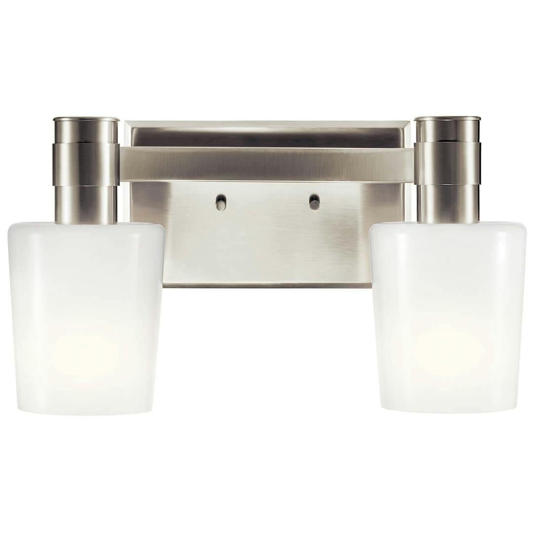 Front view of the Adani 14.5 Inch 2 Light Vanity Light with Opal Glass in Brushed Nickel on a white background