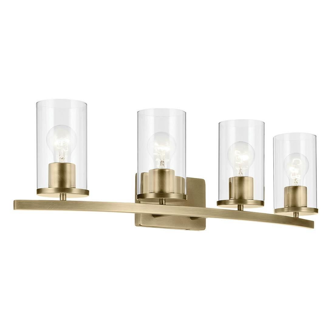 The Crosby 31.25" 4-Light Vanity Light with Clear Glass in Natural Brass on a white background