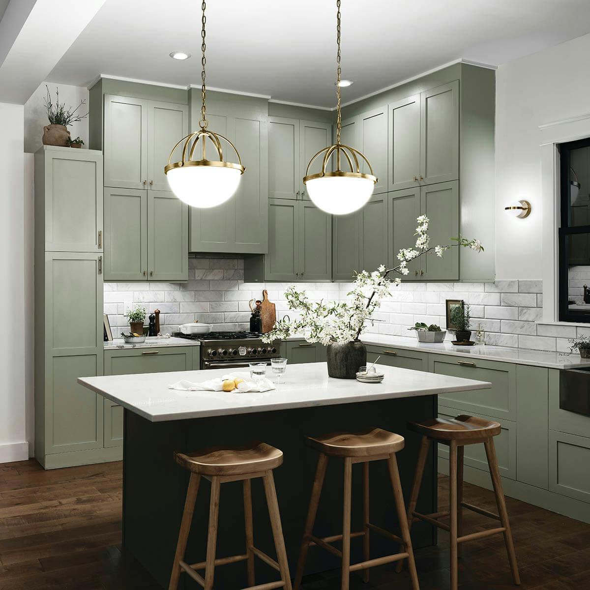 Night time Kitchen with Edmar™ 3 Light Pendant Natural Brass