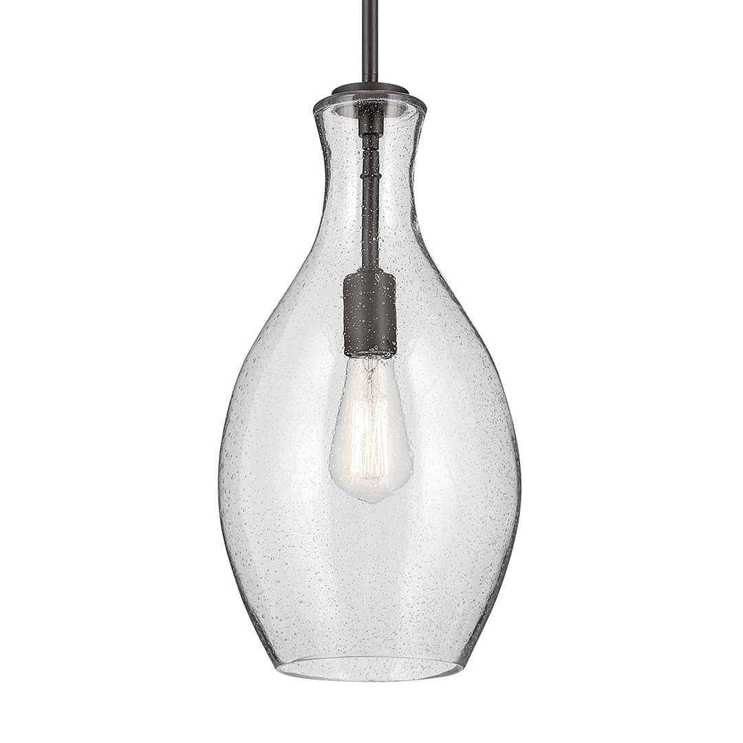 The Everly 17.75" 1-Light Bell Pendant with Clear Seeded Glass in Olde Bronze on a white background