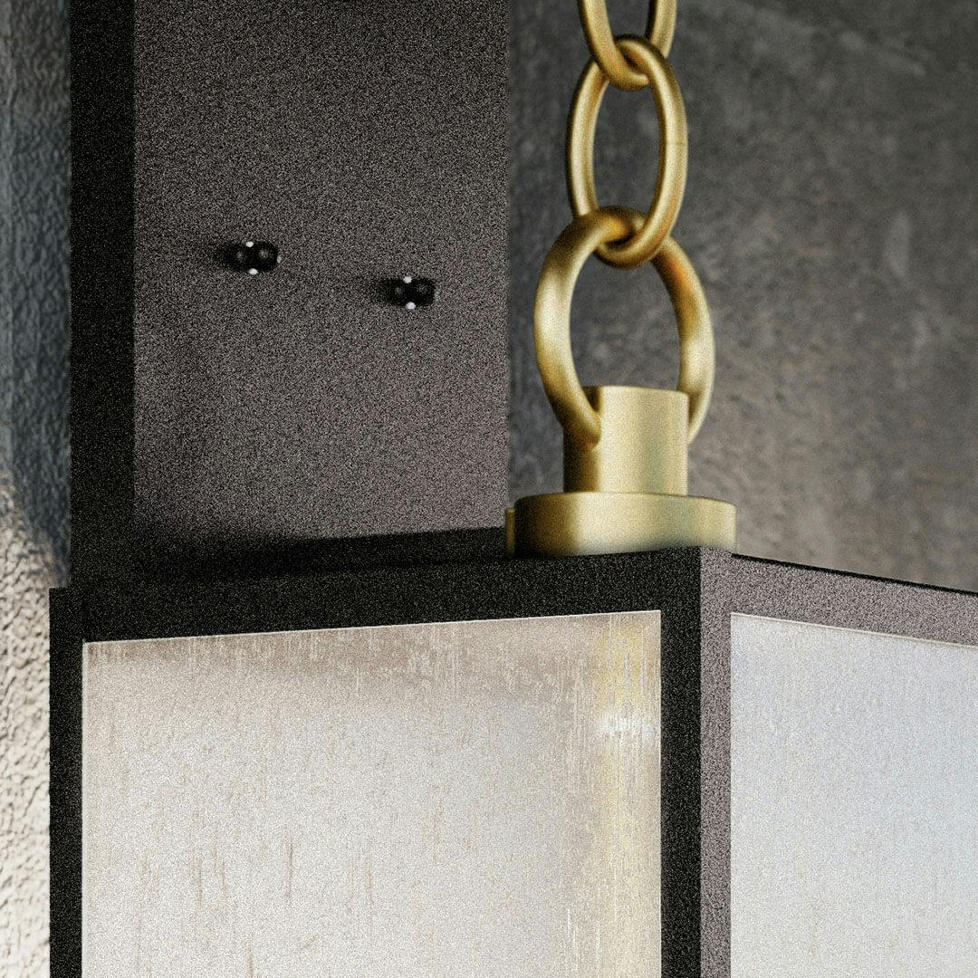 Close up of the Lahden 26" 3 Light Outdoor Wall Light with Clear Seeded Glass in Weathered Zinc