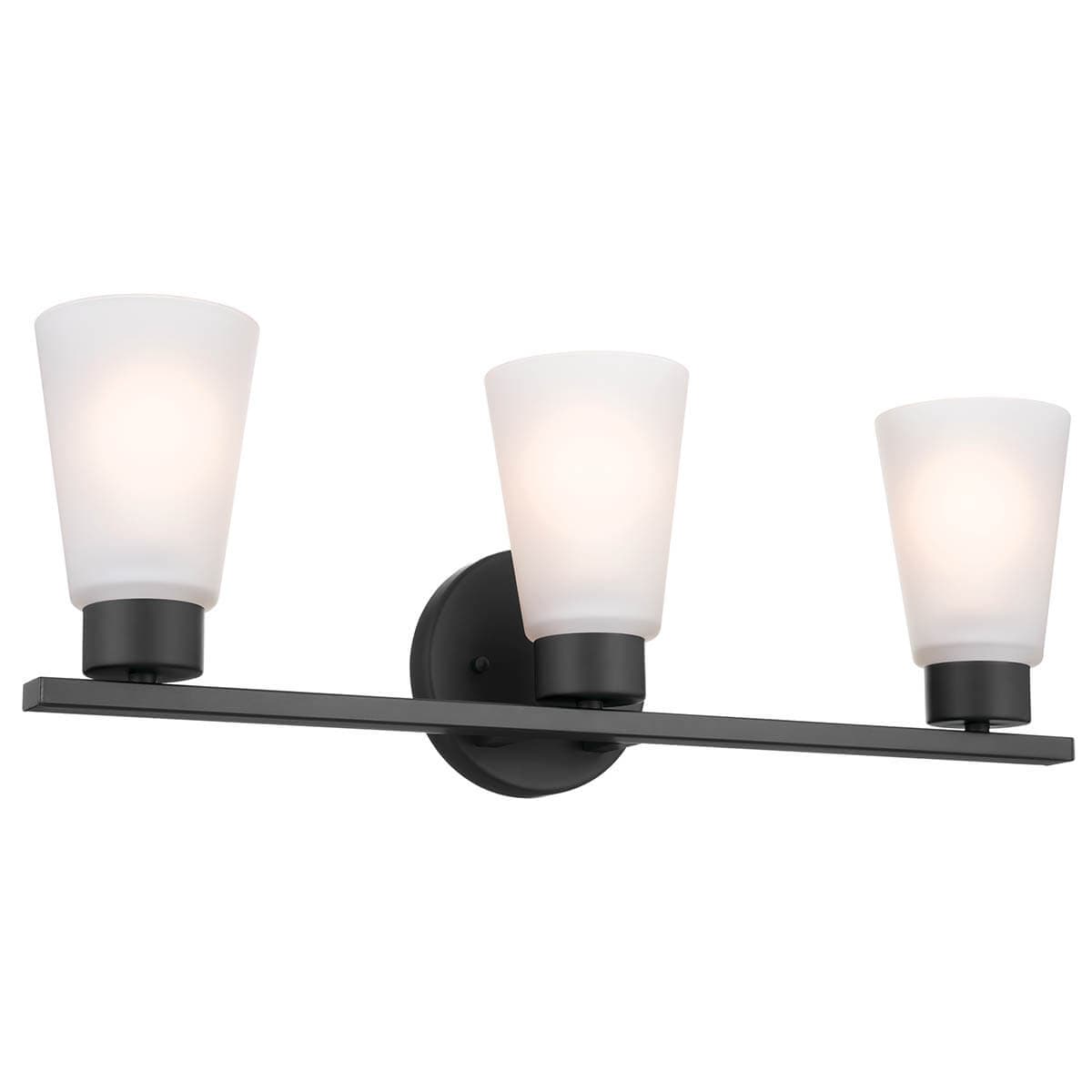 The Stamos 20" 3 Light Vanity Light Black facing up on a white background