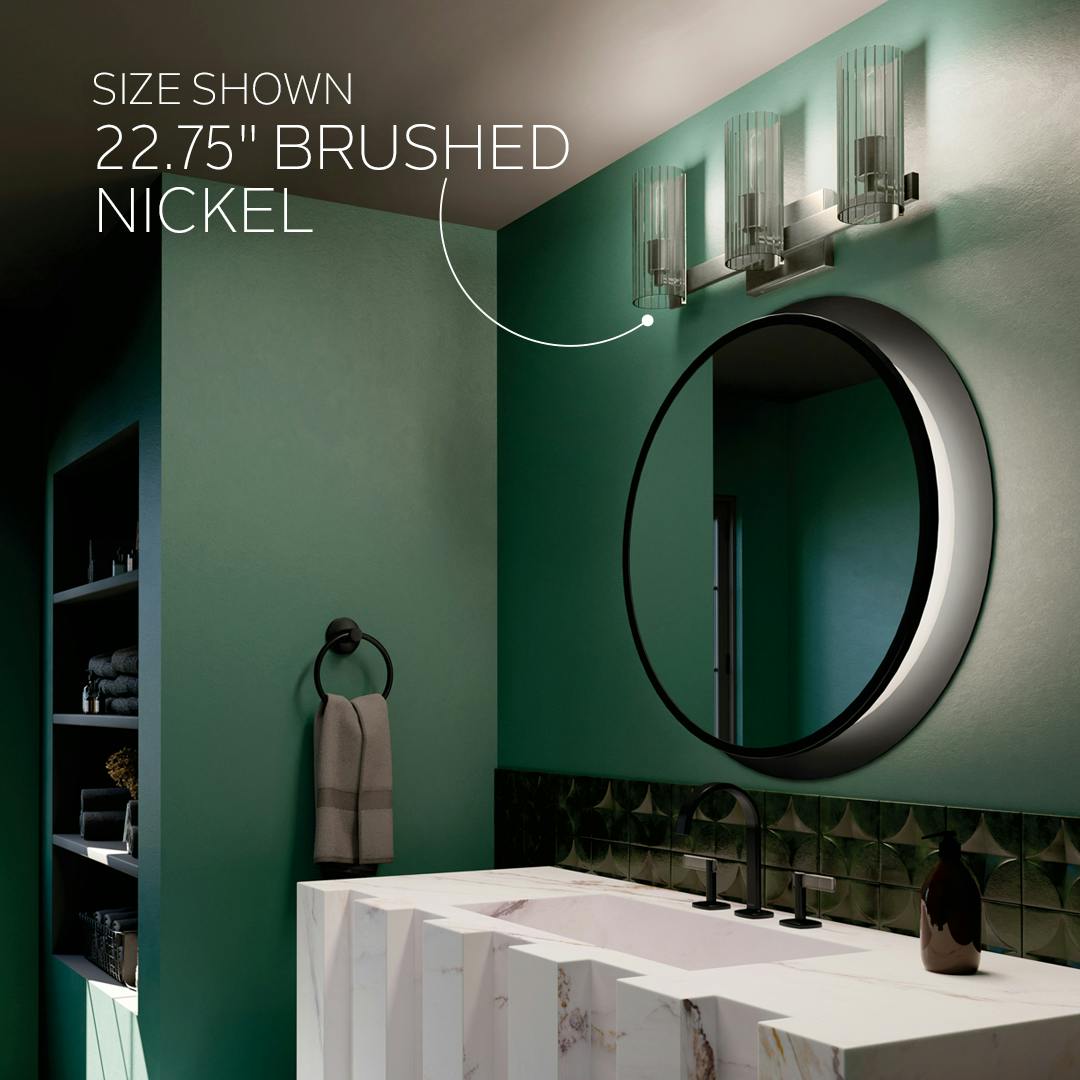3 Light Jemsa Vanity Light in Brushed Nickel Shown Over a Bathroom Sink