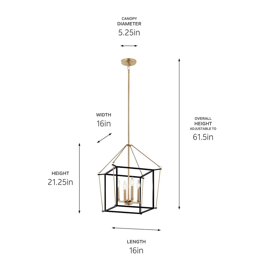 The Eisley 21.25 Inch 4 Light Foyer Pendant in Champagne Bronze and Blackwith dimensions on a white background