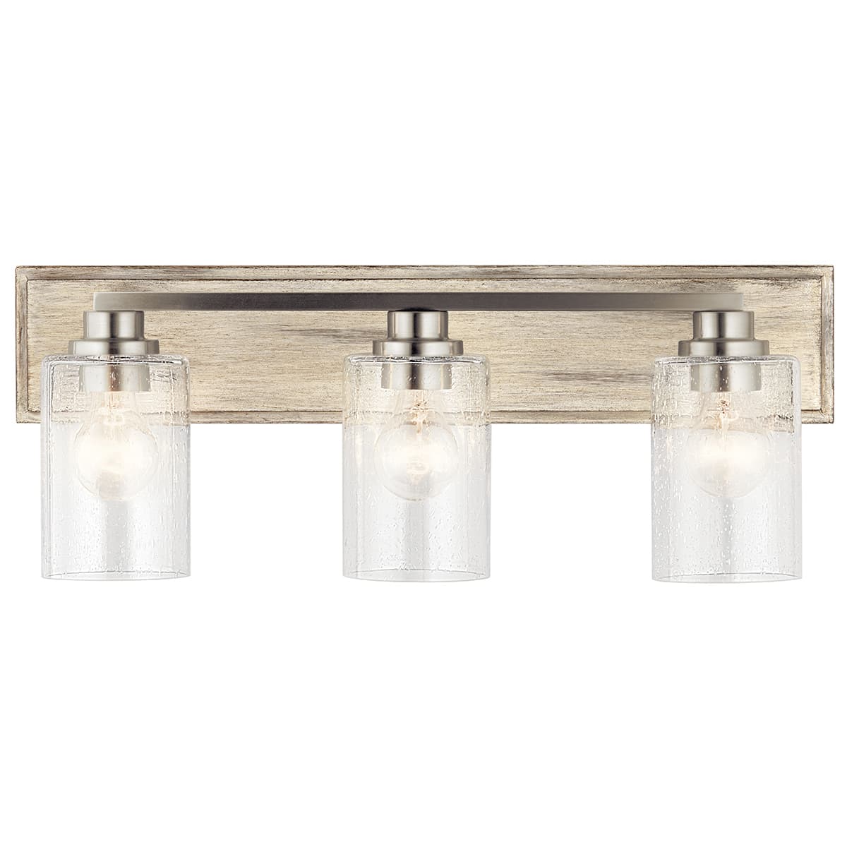 The Amity 3 Light Vanity Light Brushed Nickel facing down on a white background