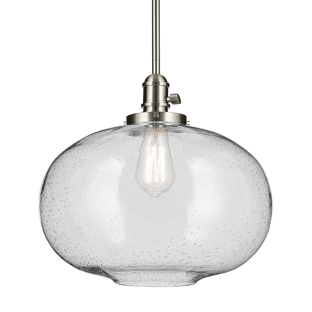 The Avery 14" 1-Light Globe Pendant with Clear Seeded Glass in Nickel on a white background