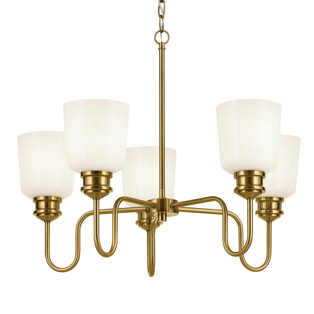 The Renneker 5 Light Chandelier in Brushed Natural Brass on a white background