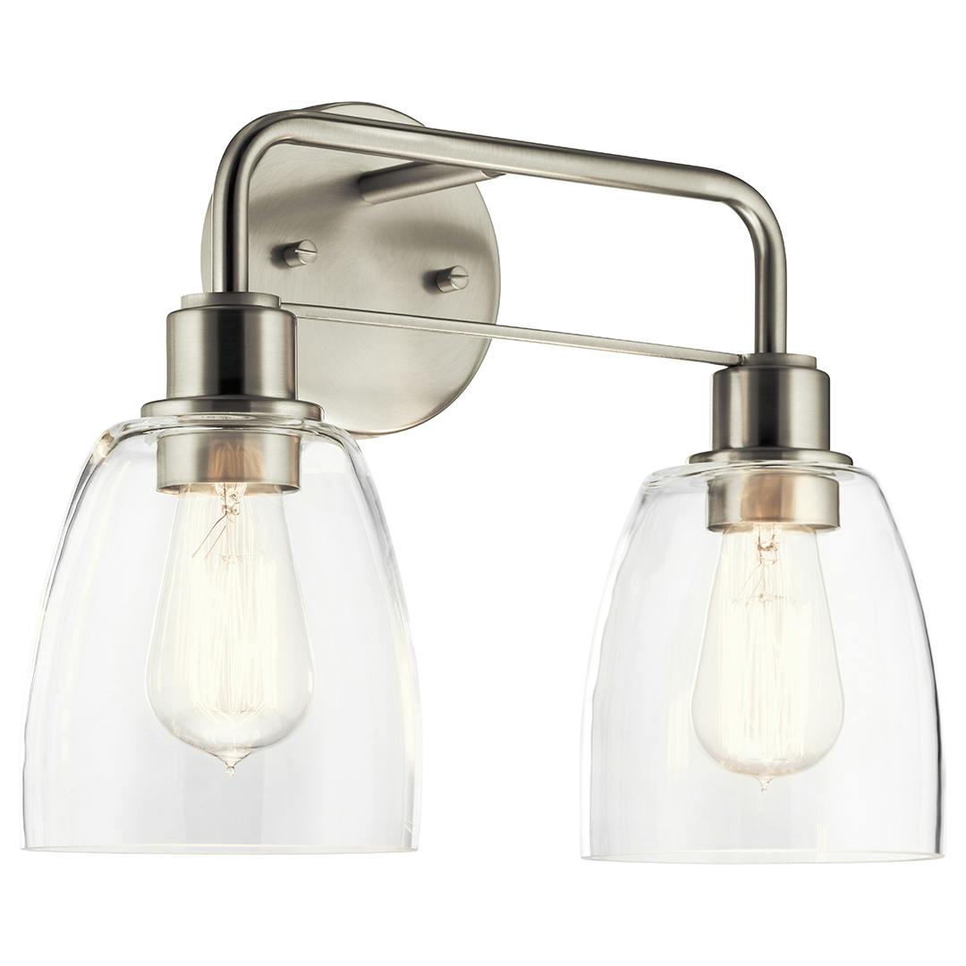 Meller 15.25 Inch 2 Light Vanity Light with Clear Glass in Brushed Nickel on a white background