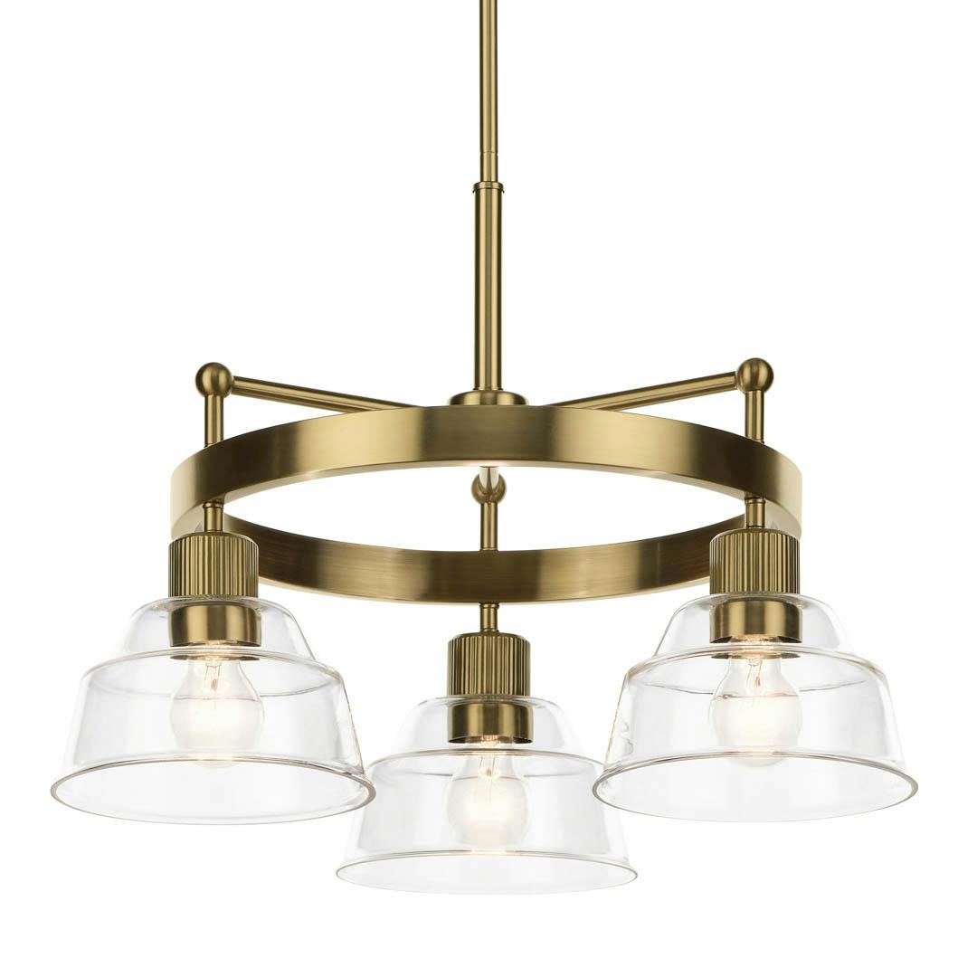 Eastmont™ 3 Light Chandelier Brushed Natural Brass and Walnut Wood on a white background