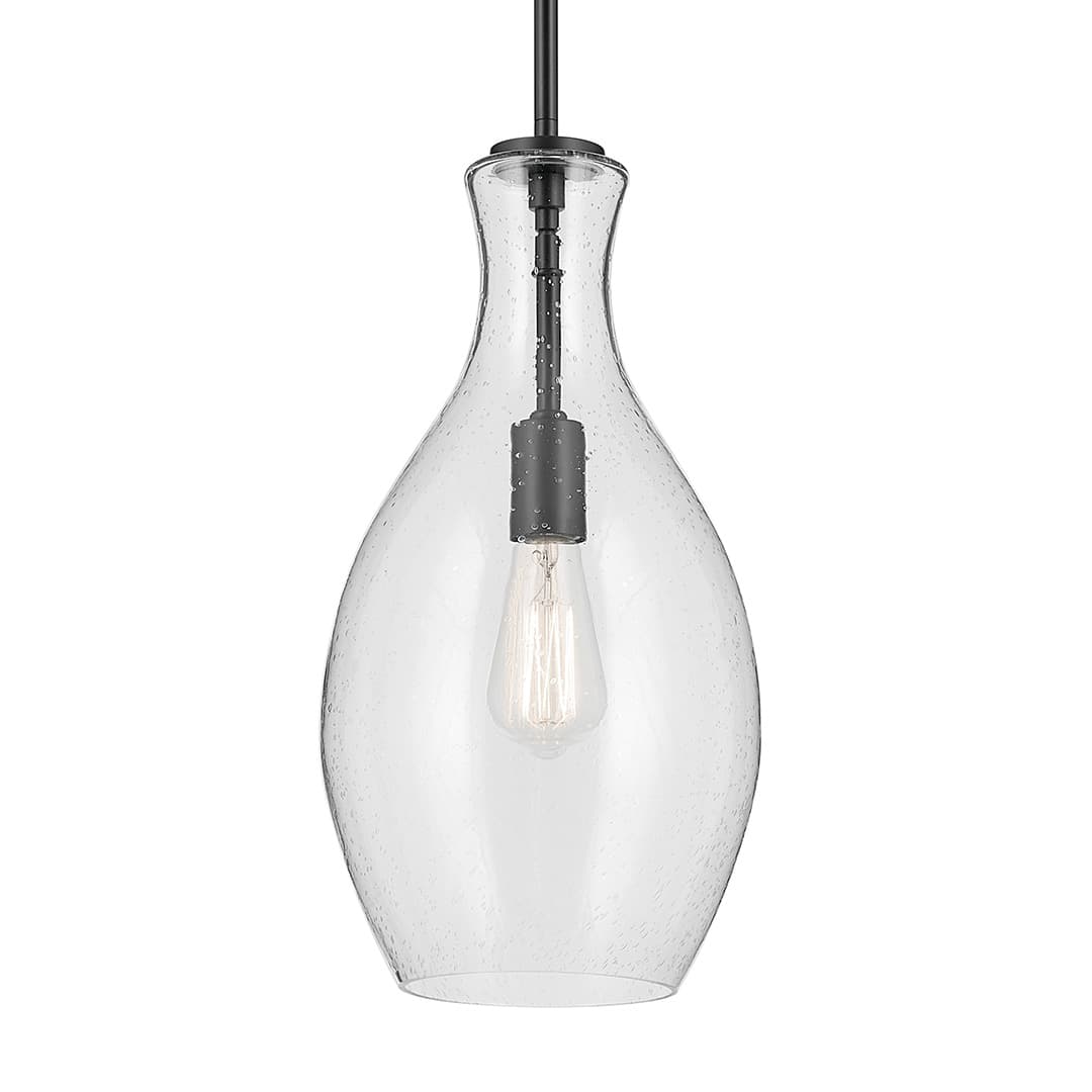 The Everly 17.75" 1-Light Bell Pendant with Clear Seeded Glass in Black on a white background