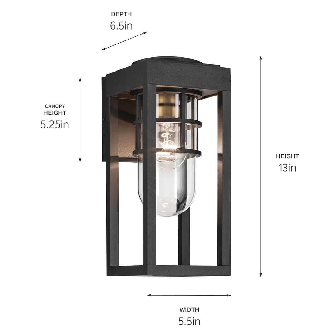 The Hone 13" 1 Light Outdoor Wall Light in Textured Black on a white background with dimensions also in tech specs