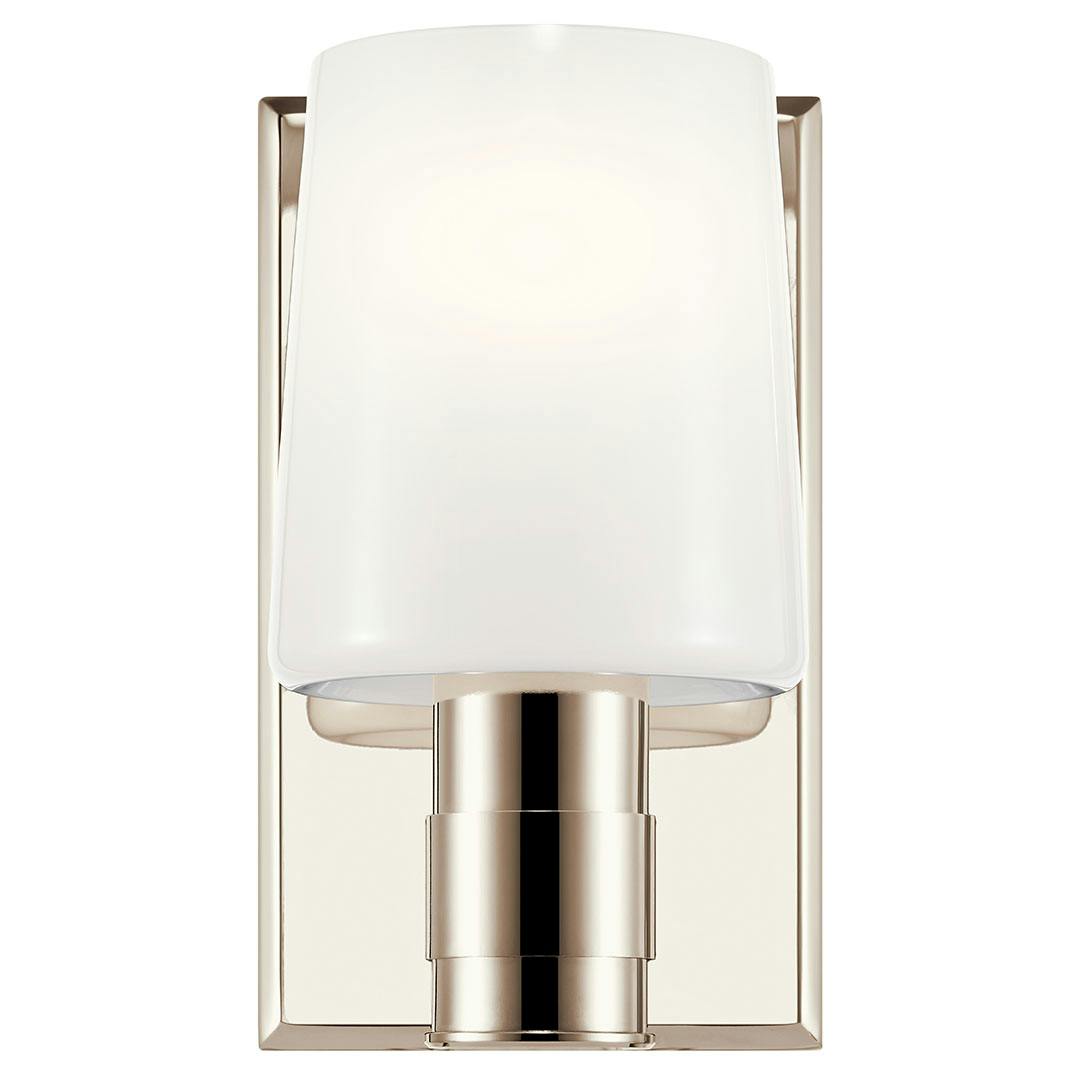 Front view of the Adani 8.5 Inch 1 Light Vanity Light with Opal Glass in Polished Nickel on a white background