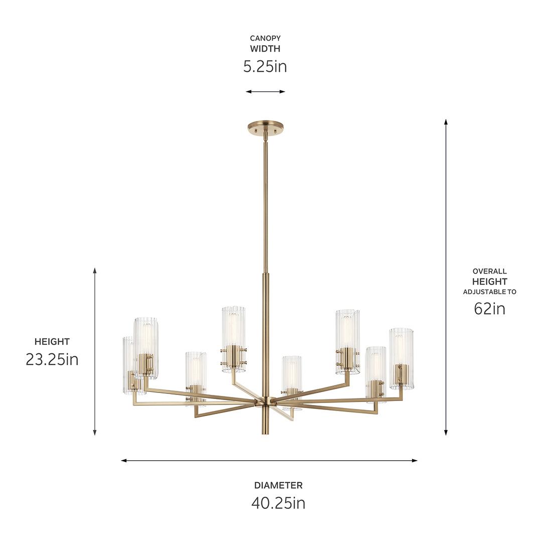 The Velestino 40.25" 8-Light Chandelier in Champagne Bronze with dimensions on a white background