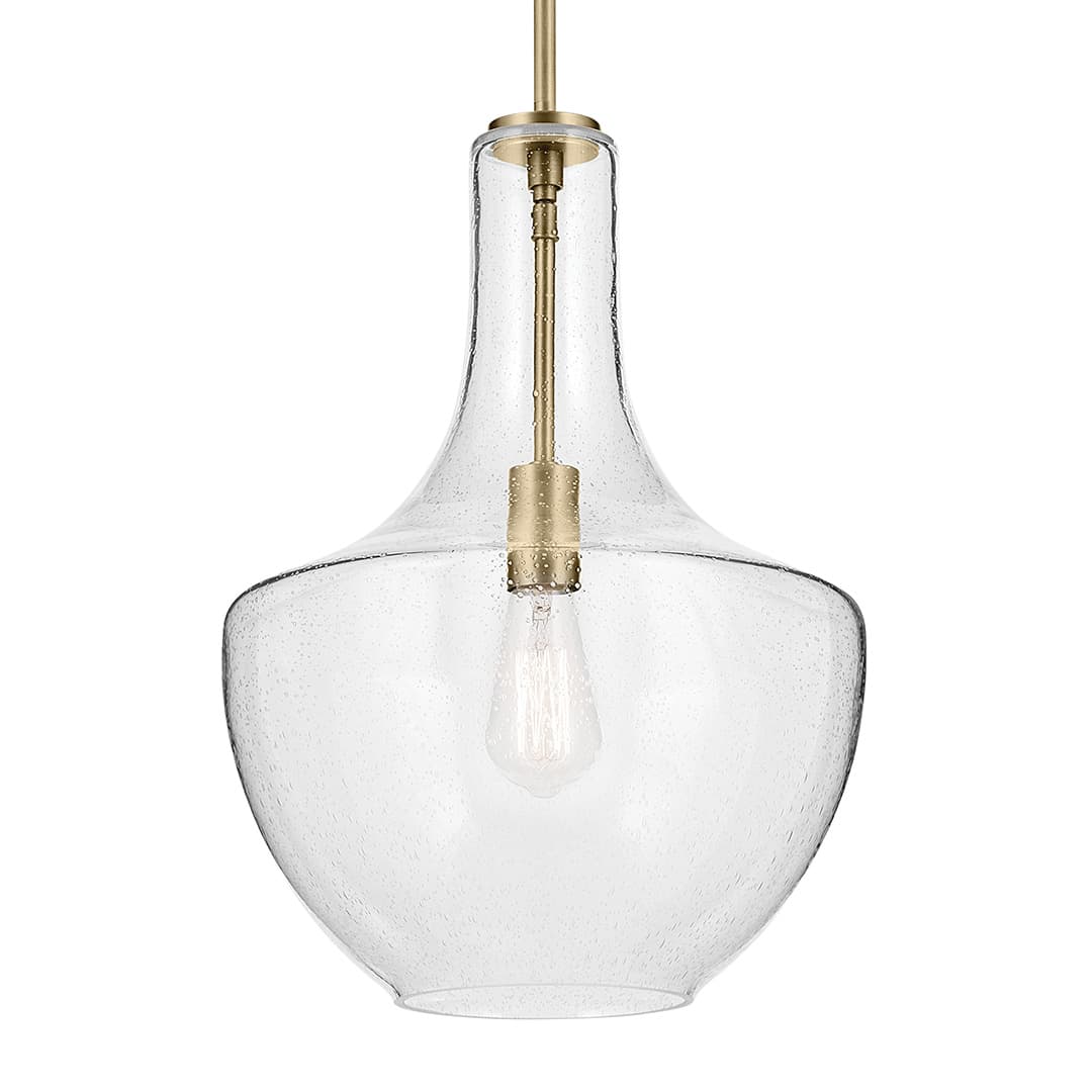 The Everly 19.75" 1-Light Bell Pendant with Clear Seeded Glass in Brushed Nickel on a white background