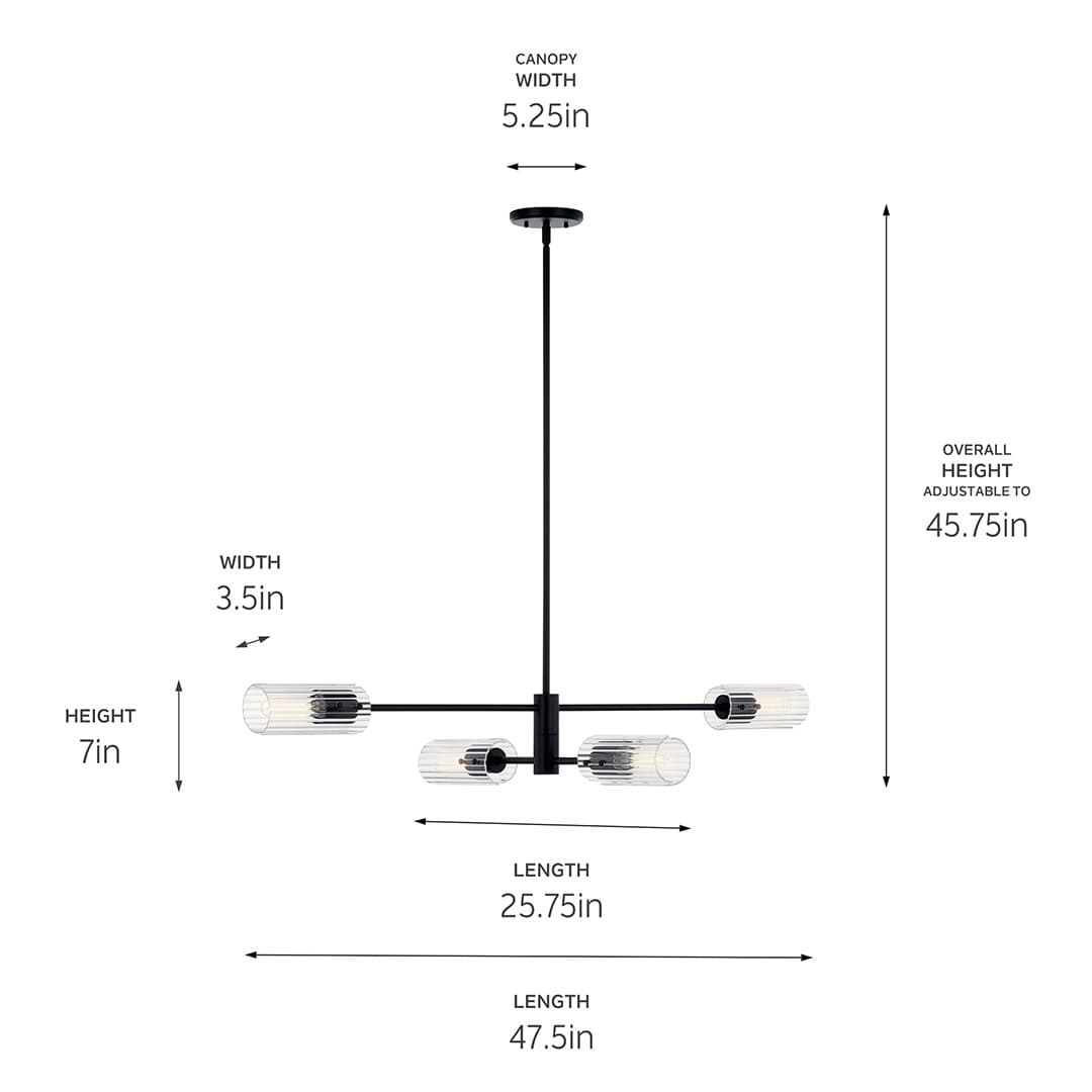 The Velestino 47.50" 4-Light Linear Chandelier in Black with dimensions on a white background