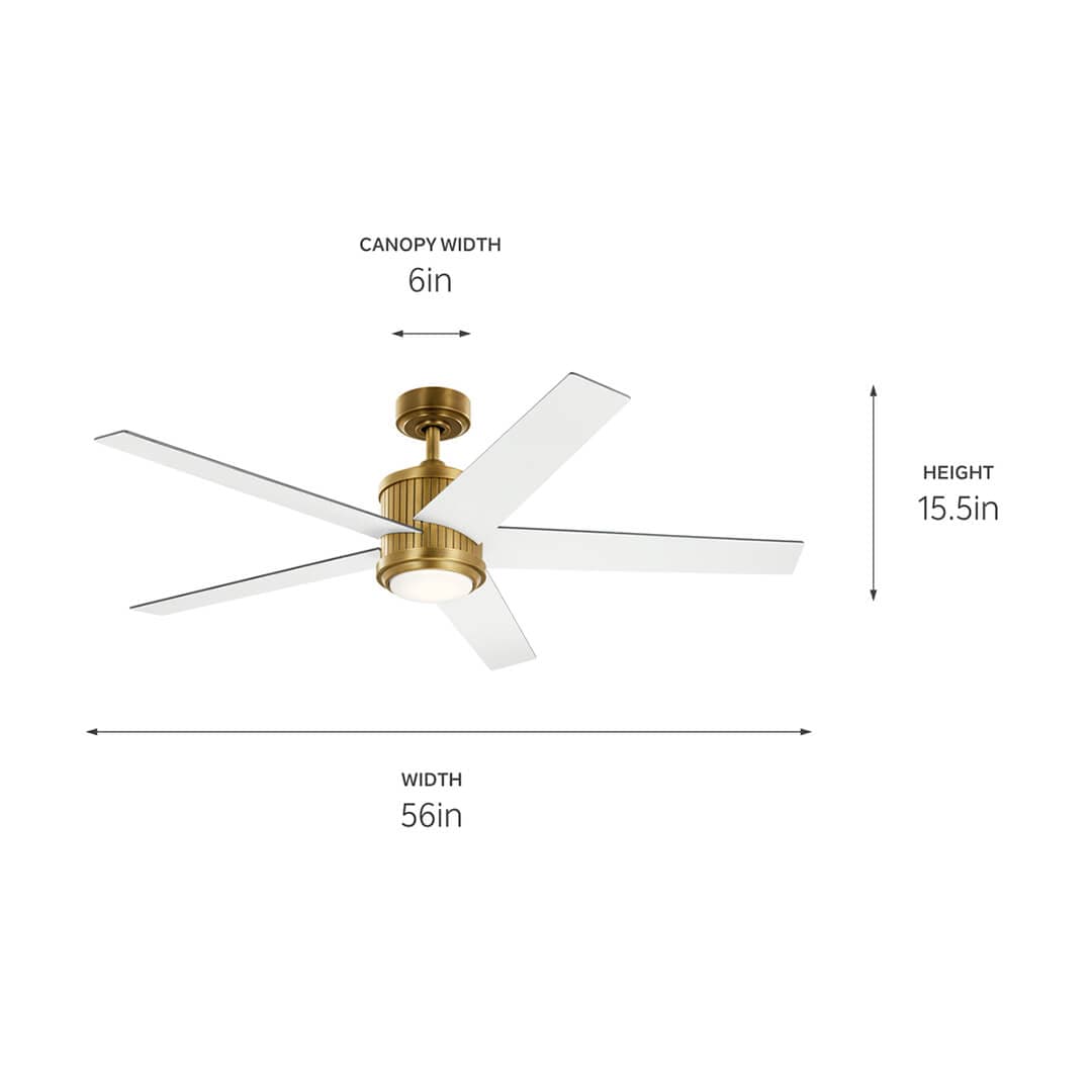 Brahm™ LED 56" Ceiling Fan Natural Brass with dimensions on a white background