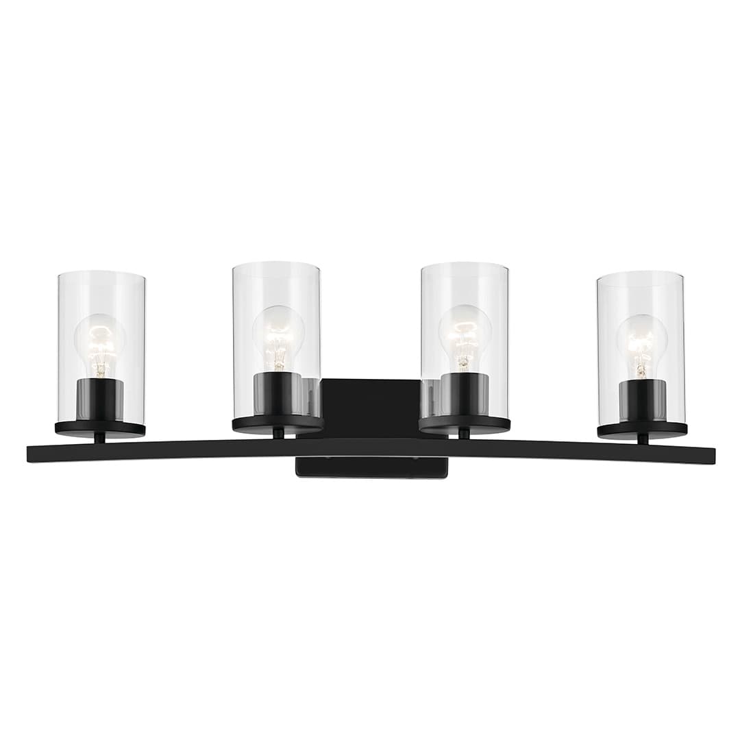 Front view of the Crosby 31.25" 4-Light Vanity Light with Clear Glass in Black on a white background