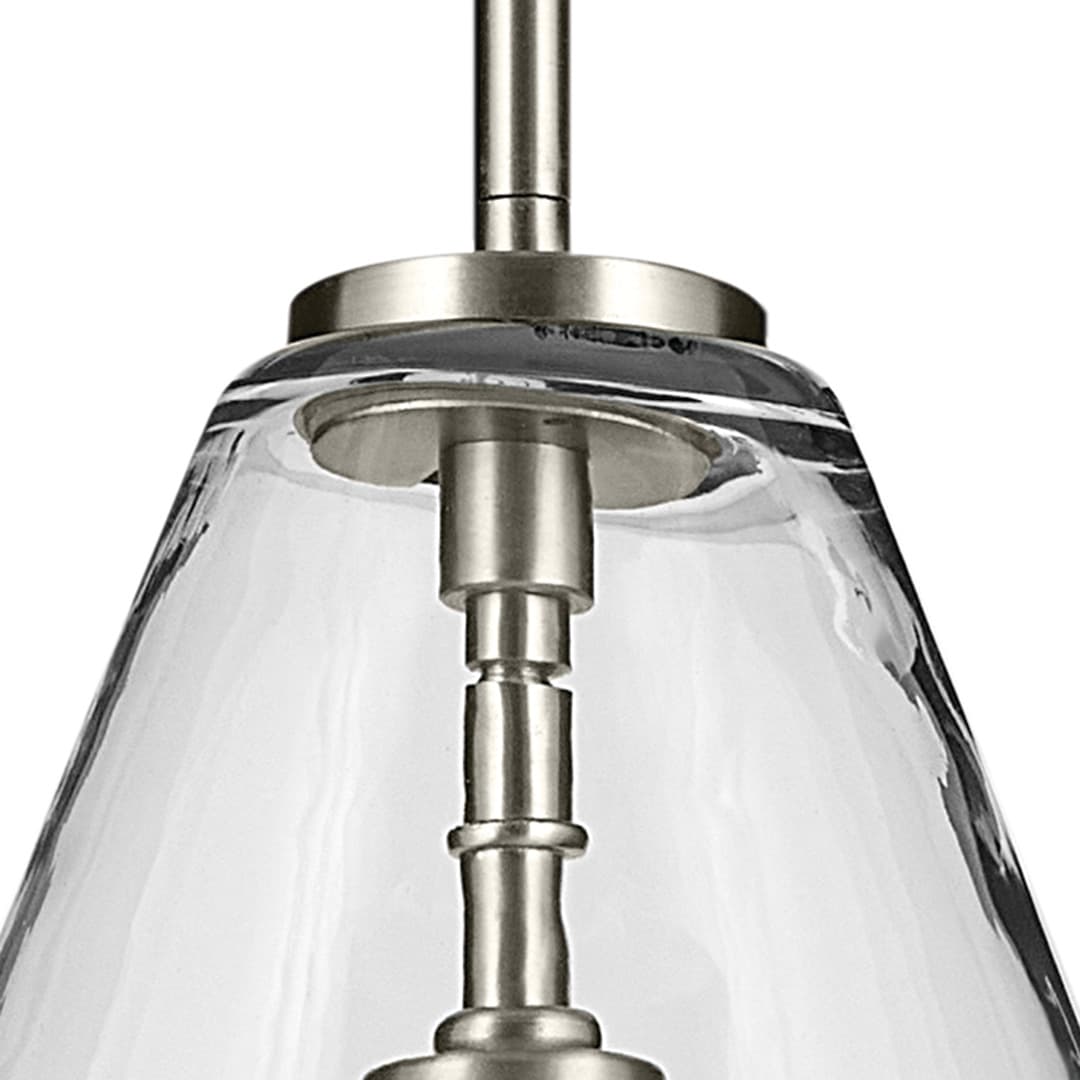 Close up view of the Everly 15.5" 1-Light Cone Pendant with Clear Glass in Brushed Nickel on a white background