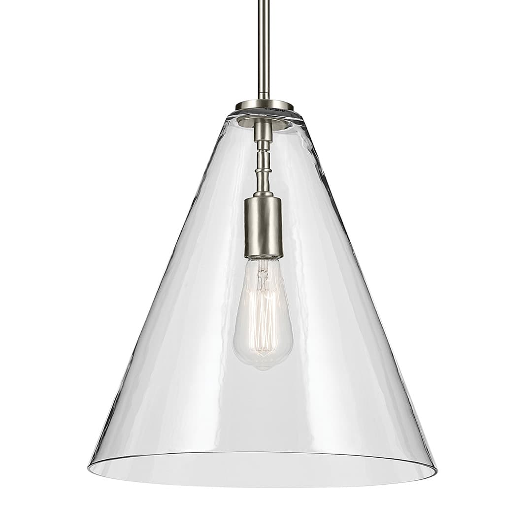 The Everly 15.5" 1-Light Cone Pendant with Clear Glass in Brushed Nickel on a white background