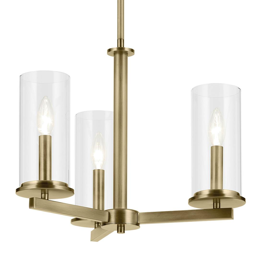 The Crosby 14" 3-Light Convertible Semi Flush with Clear Glass in Natural Brass on a white background