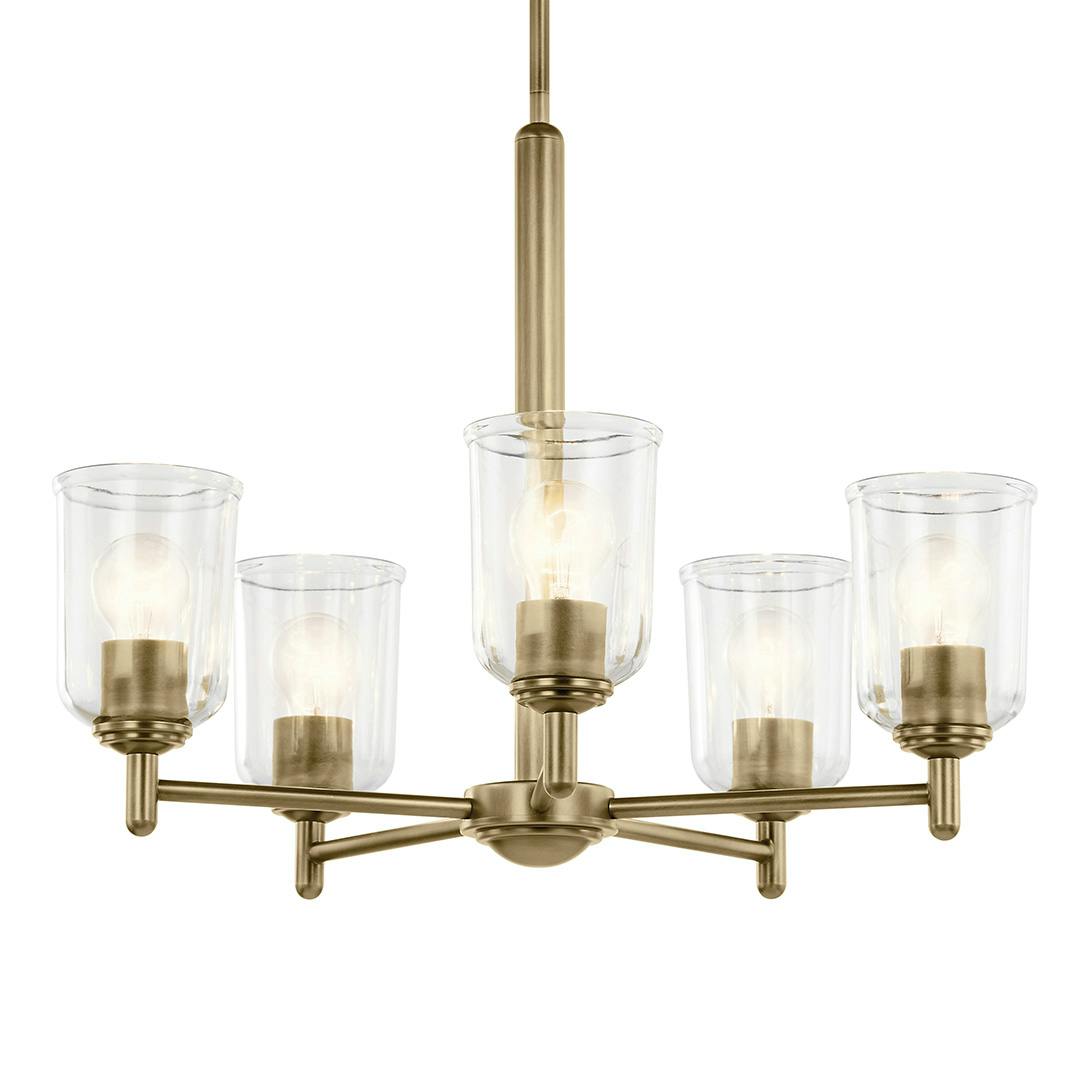 The Shailene 18.5" 5-Light Chandelier with Clear Glass in Natural Brass  on a white background