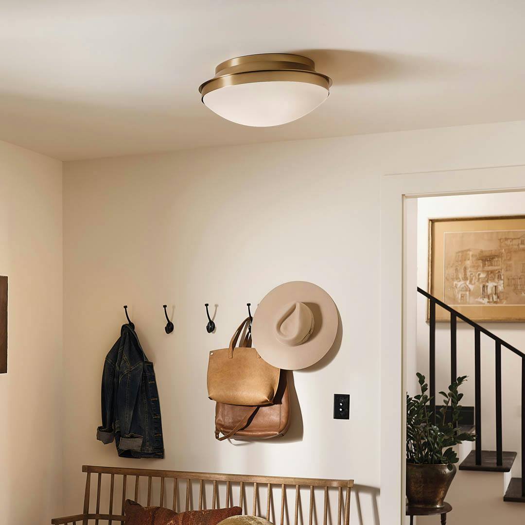 Day time entryway with Bretta 17.75" 3 Light Flush Mount Brushed Natural Brass